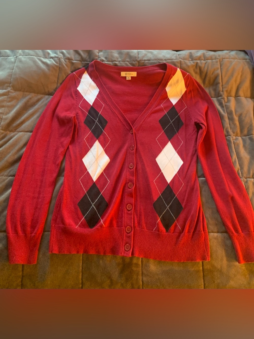 Merona Red Black and White Argyle Button-Up V-Neck Preppy Cardigan Sweater